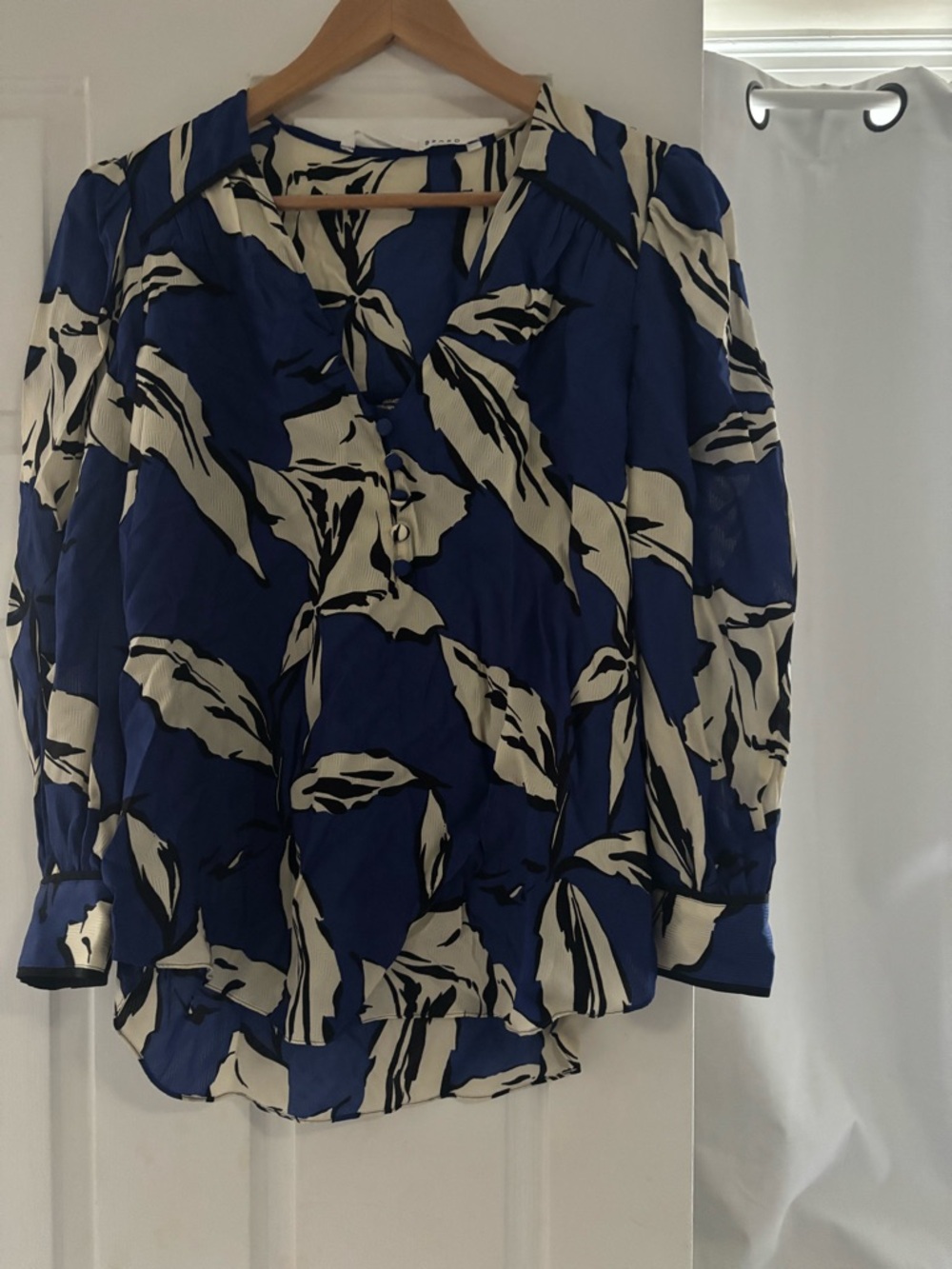 Blue and Cream Printed V-Neck Blouse Veronica Beard
